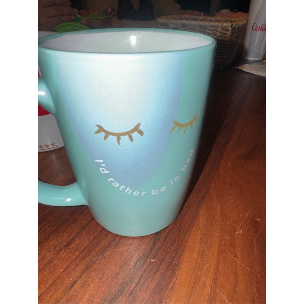 I'd Rather Be in Bed Mug Teal Eyelash Mug Cup Ayesha Curry Line Mint Color Gold